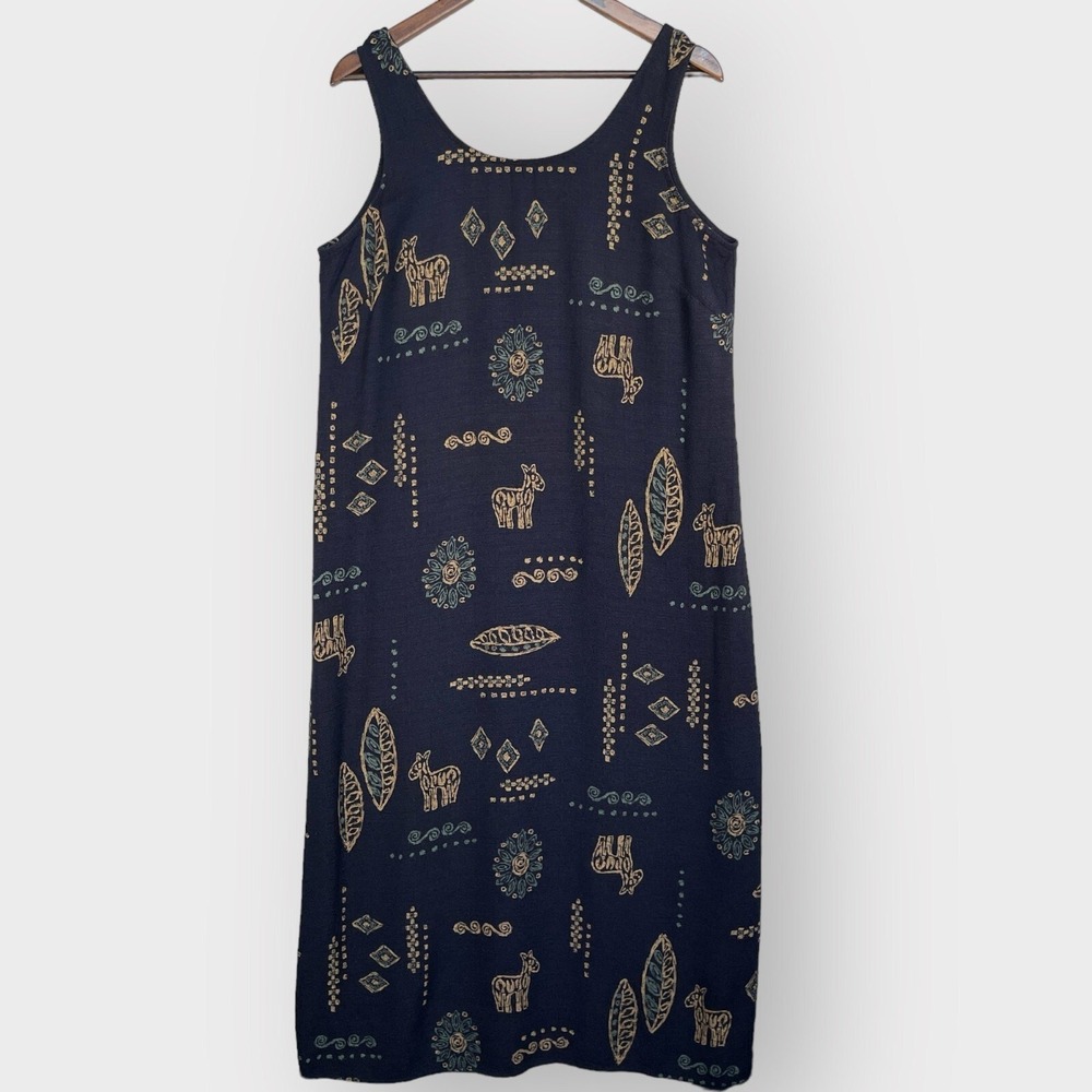 K Studio Vintage 90s Zebra Novelty Print Midi Shift Dress Navy Blue Womens 14